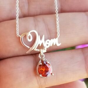 Sterling Silver Mom Necklace, Garnet Necklace, Mom Pendant, Mothers Day Gift